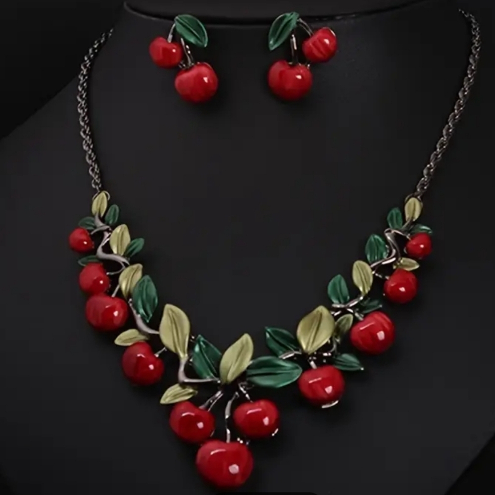 New cherries cherry necklace and earrings